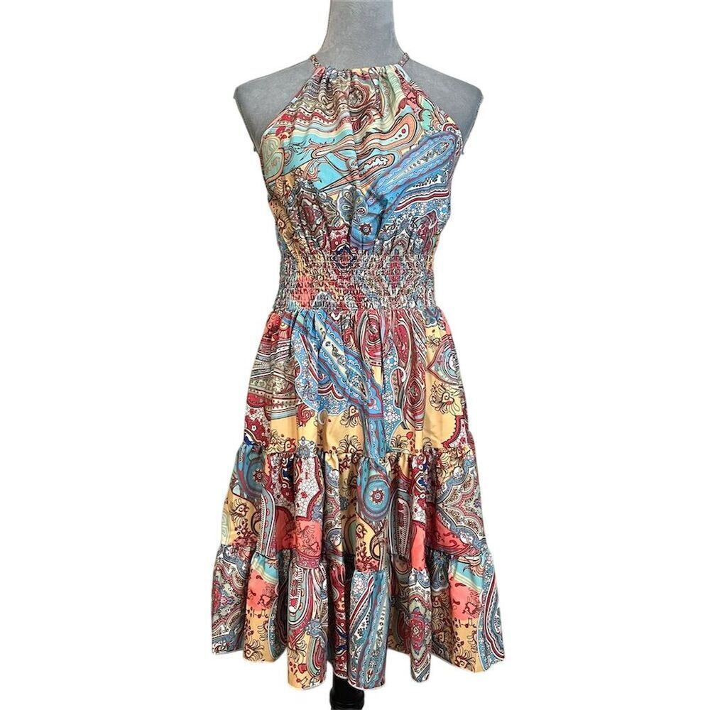 ChicMe Boho Paisley Tiered Halter Midi Dress Multicolor S Layered Summer